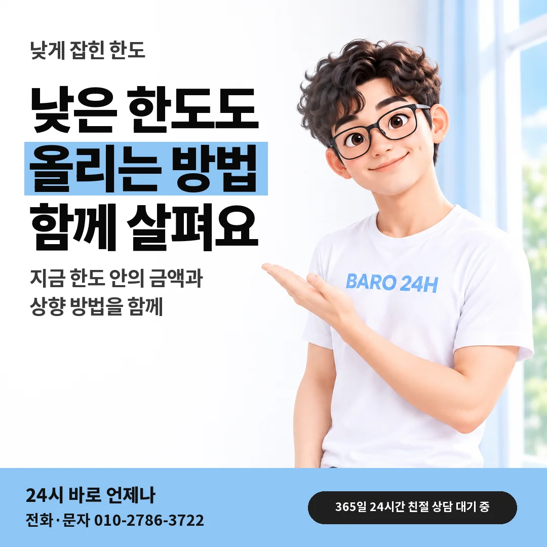 BARO 24H 티셔츠를 입은 3D 인물 옆에 「낮은 한도 상담 안내」 제목을 얹은 안내 카드