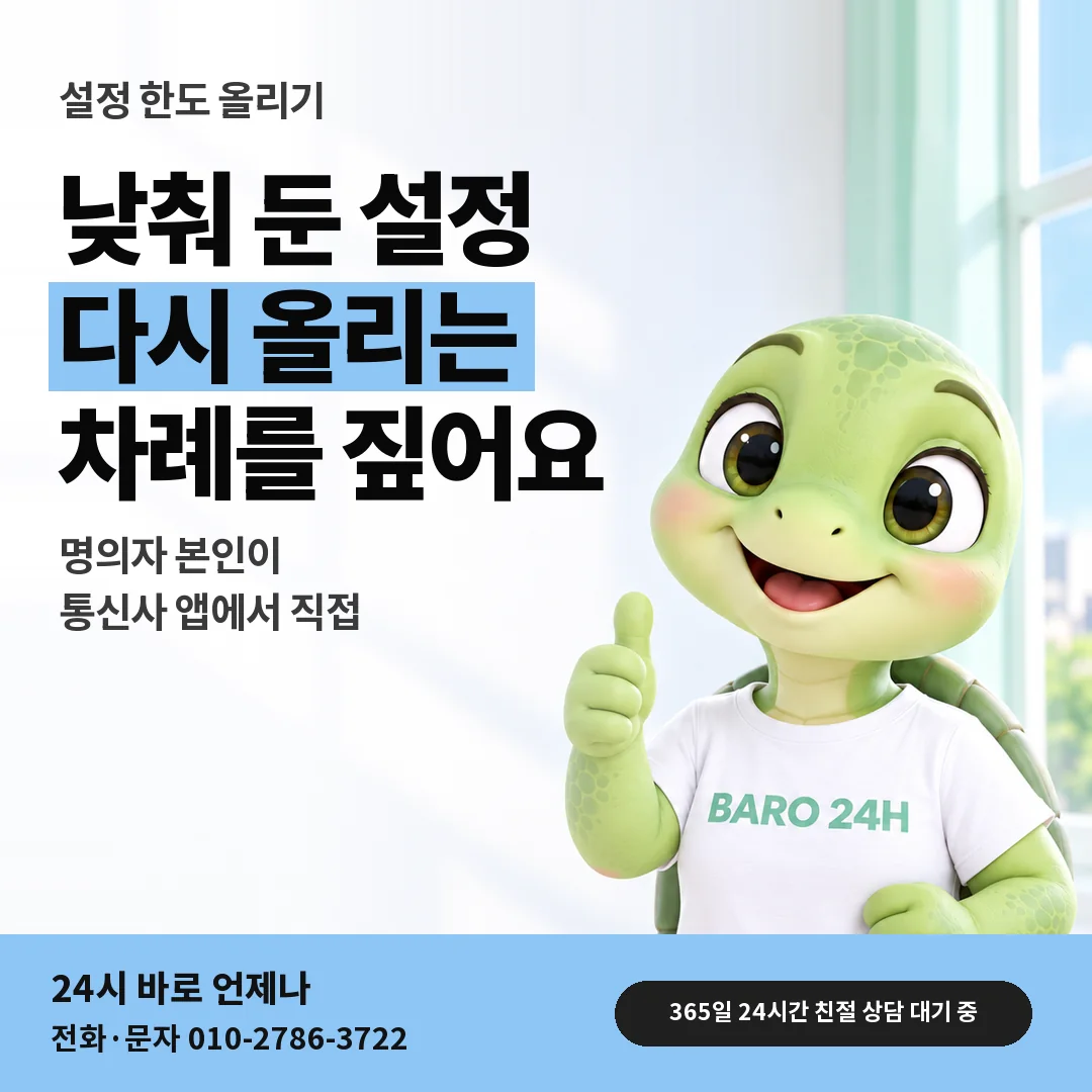 BARO 24H 티셔츠를 입은 3D 거북이 캐릭터 옆에 「통신사 앱에서 한도 올리기」 제목을 얹은 안내 카드