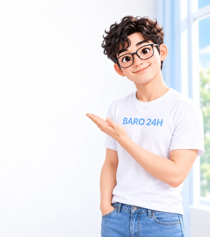 휴대폰을 들고 상담을 안내하는 BARO 24H 티셔츠 차림의 20대 3D 인물